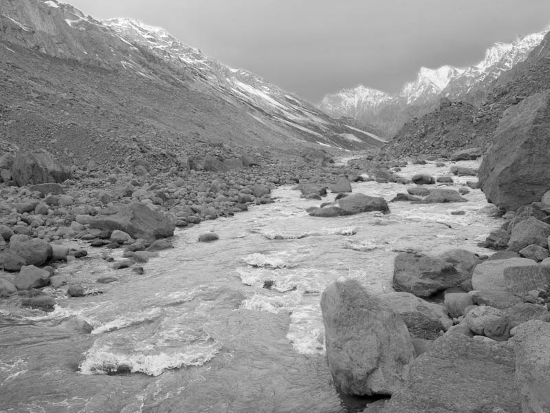 The turbulent river Bhagirathi flowing down its course in the Himalayas in Uttarkashi district, Uttarakhand
